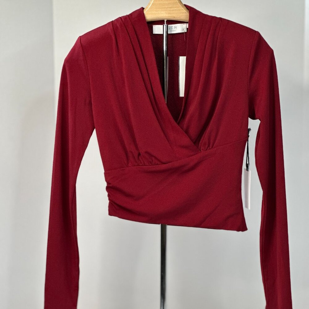 ASTR the Label Shawl Collar Wrap Burgundy Blouse Size X-Small - Picture 7 of 9